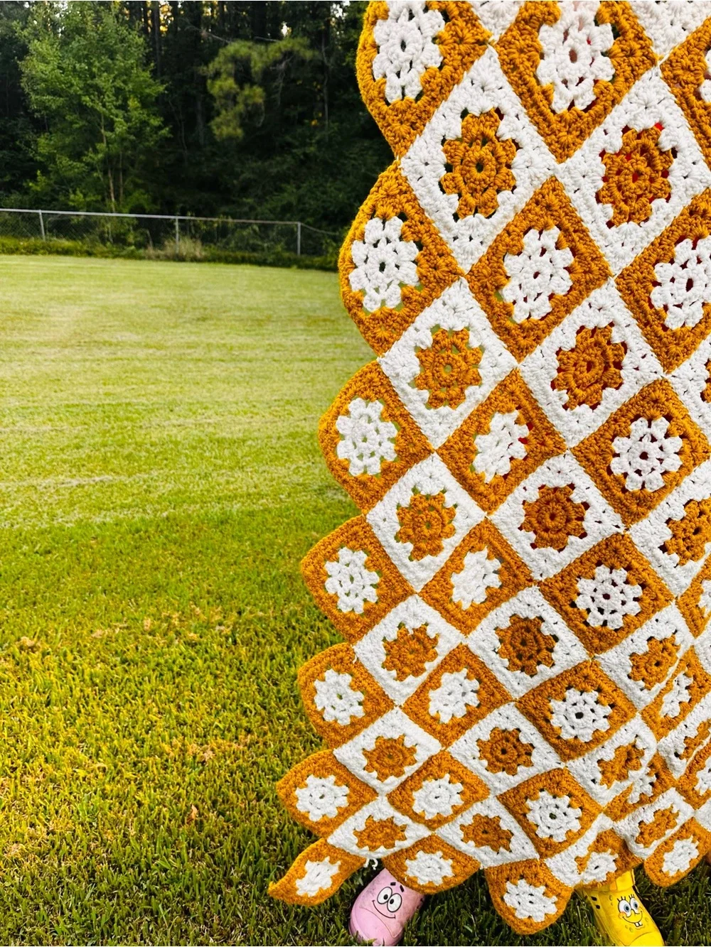 Vintage Crochet Granny Square Afghan Blanket Marigold & Cream  7’x5’